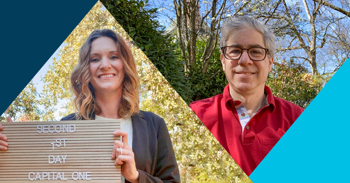 A photo of Monique, Capital One associate, standing outside holding a sign that says "Second 1st Day Capital One", next to an image of Capital One associate David, also standing outside, with a two-toned blue triangular background