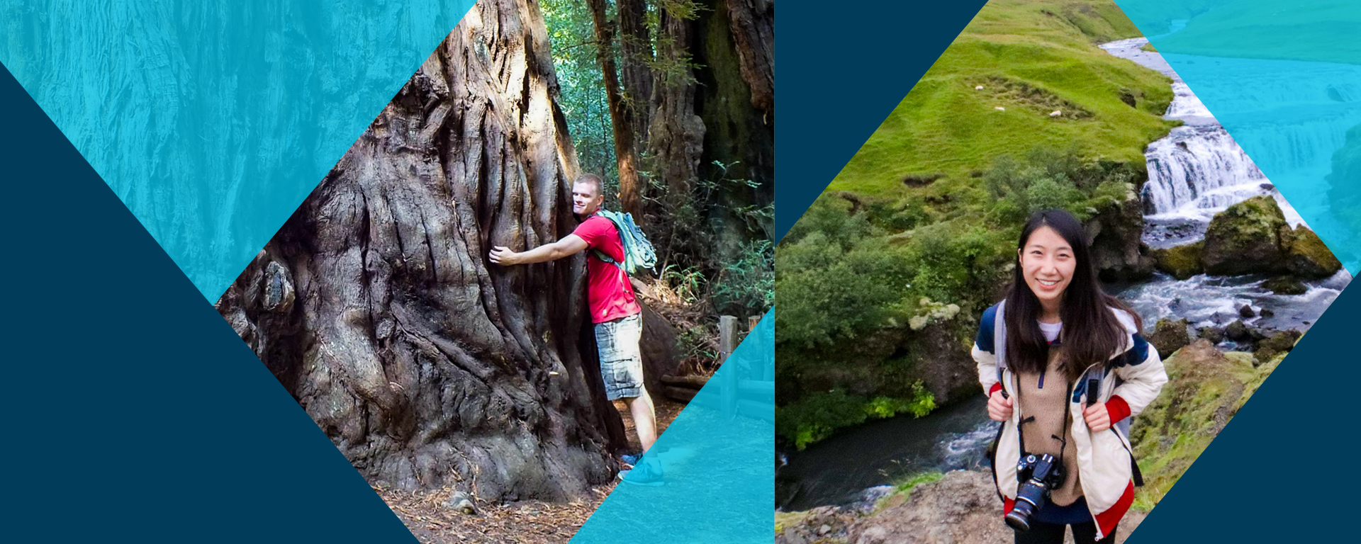 A collage of 2 images, one of Capital One Green Teams Member Matt hugging a tree, and one of Capital One Green Teams member Allison standing in front of a stream with a camera, with Capital One blue triangular elements