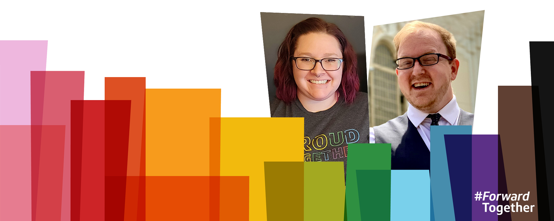 Colorful Pride image treatment with Capital One associates Jena and Zack smiling and celebrating Pride month