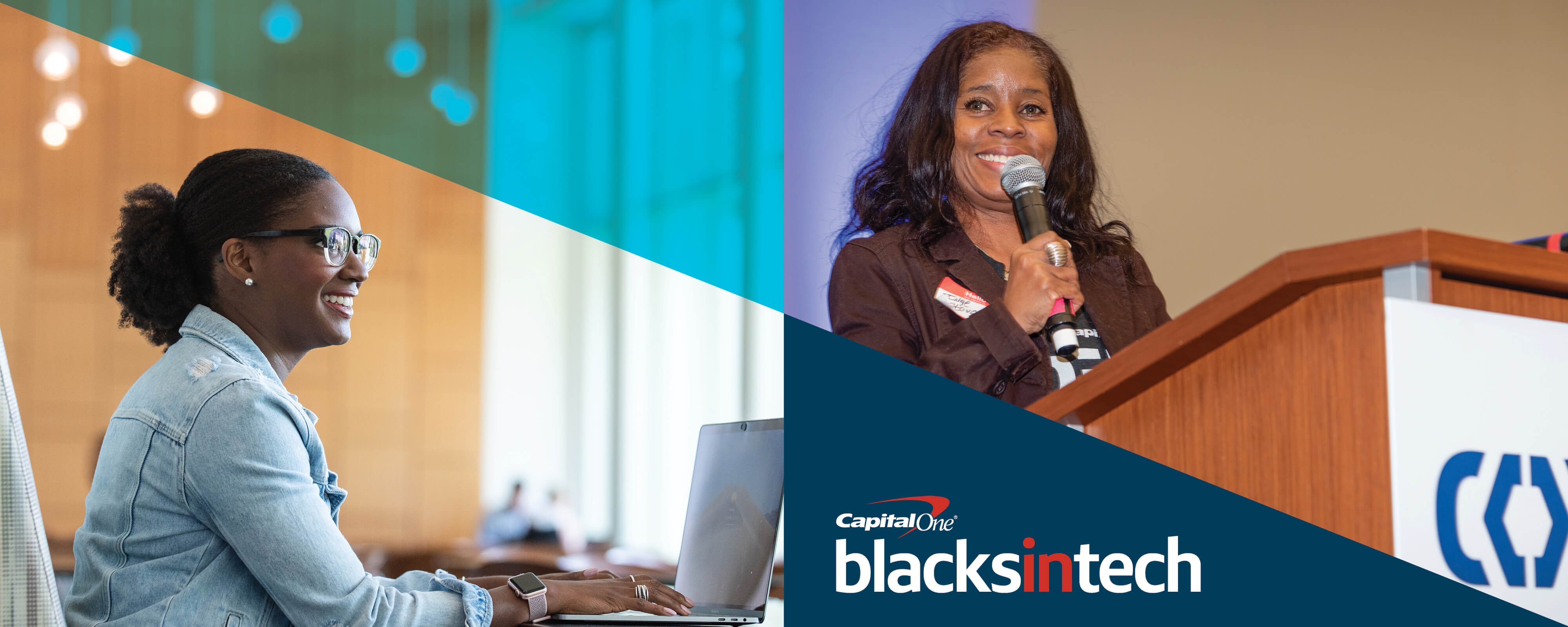 Women smiling, representing how Blacks in Tech at Capital One creates an inclusive community of technologists to help associates grow and thrive