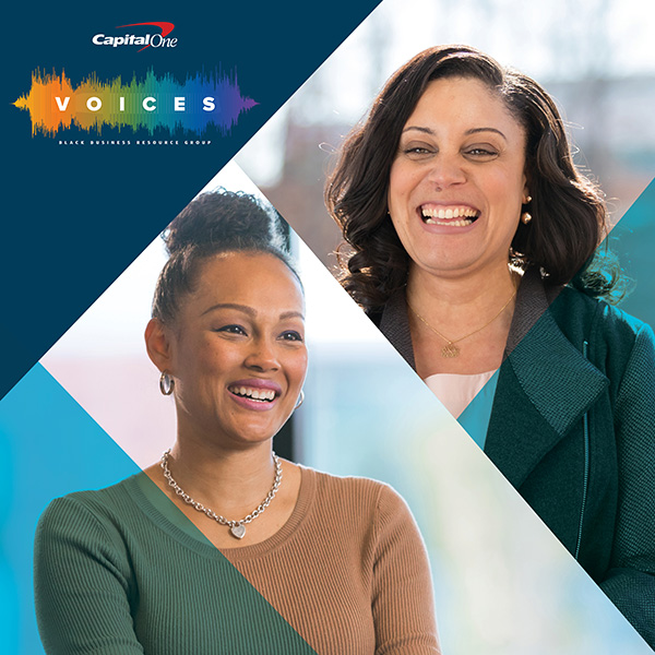 Two women smiling, talking about VOICES, the Black Business Resource Group at Capital One