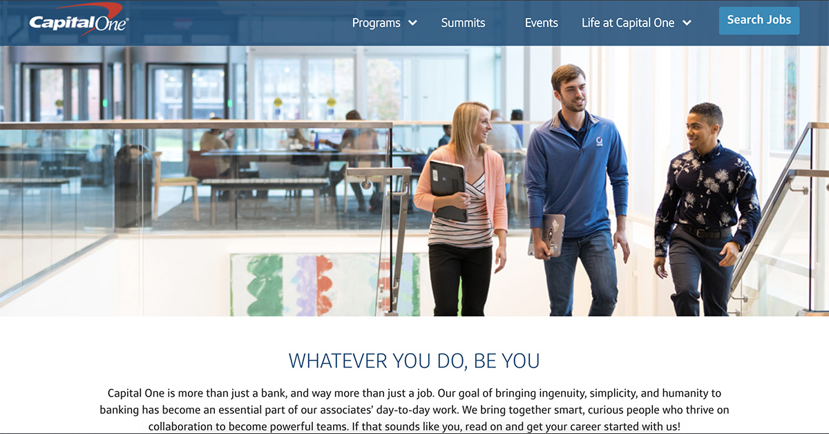 Capital One campus careers site learning how to apply for a job at Capital One