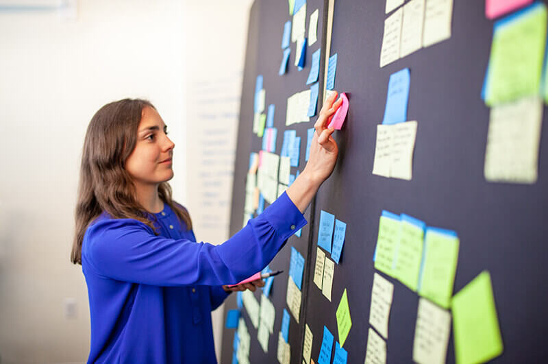 Picture of woman putting sticky notes on a blackboard