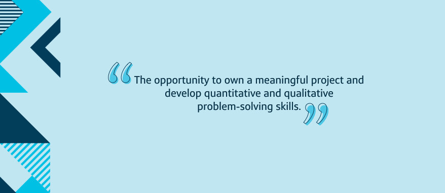 The opportunity to own a meaningful project and develop quantitative and qualitative problem-solving skills.