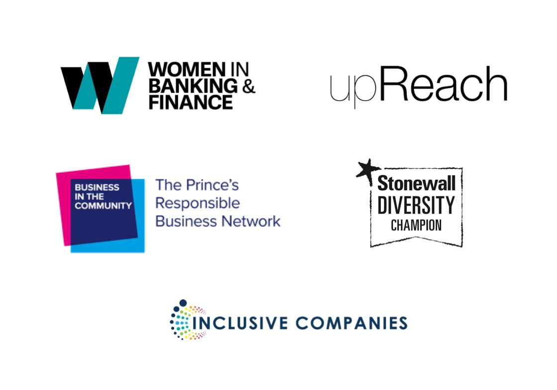 Logos for the following organisations. Women in banking and finance. Upreach. The prince's responsible business network. Stonewall university champion. Inclusive companies