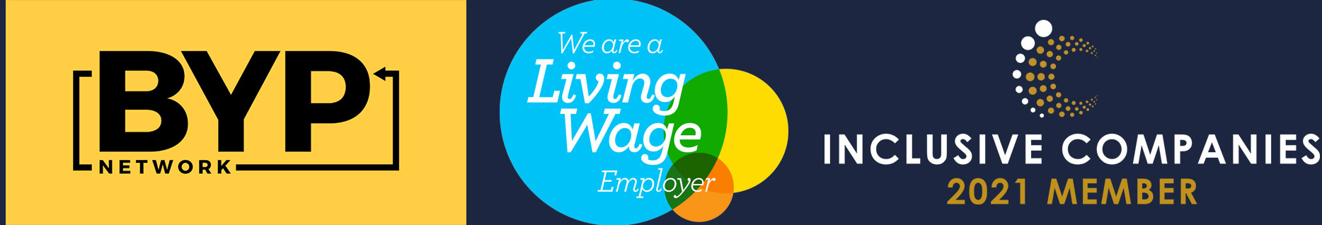 BYP network logo, Living Wage logo, Inclusive Companies 2021 Member