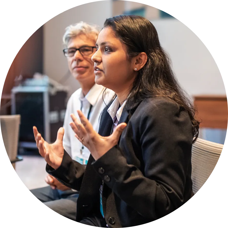 Woman debating with team