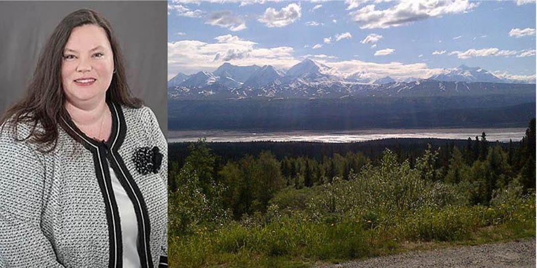 Two images side-by-side. On the left is a portrait photo of Marcie looking to camera, smiling. On the right is an Alaskan landscape photo with snow-capped mountains in the background. 