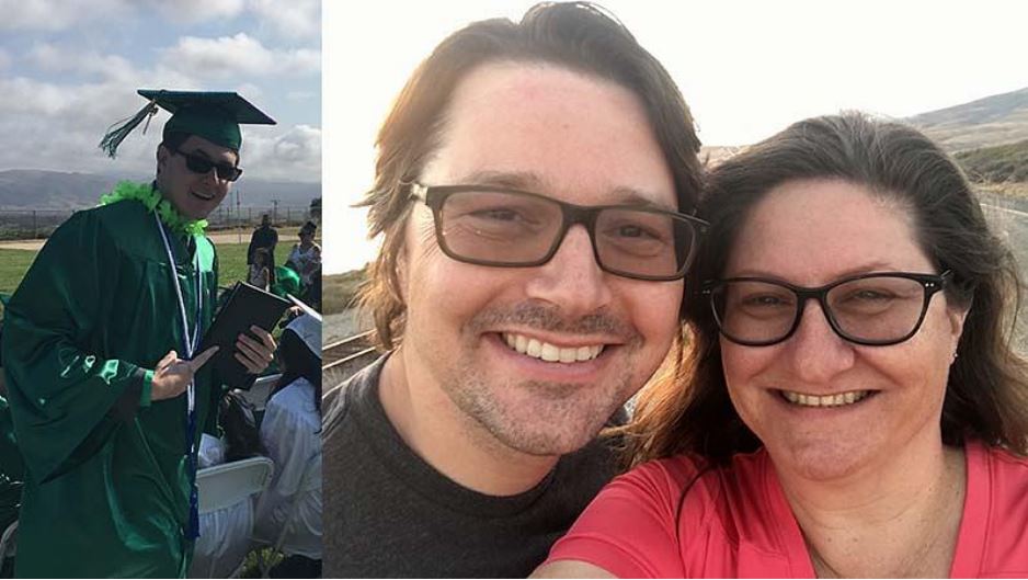 Photos of Dawn and her husband smiling, and Matt graduating from school. 
