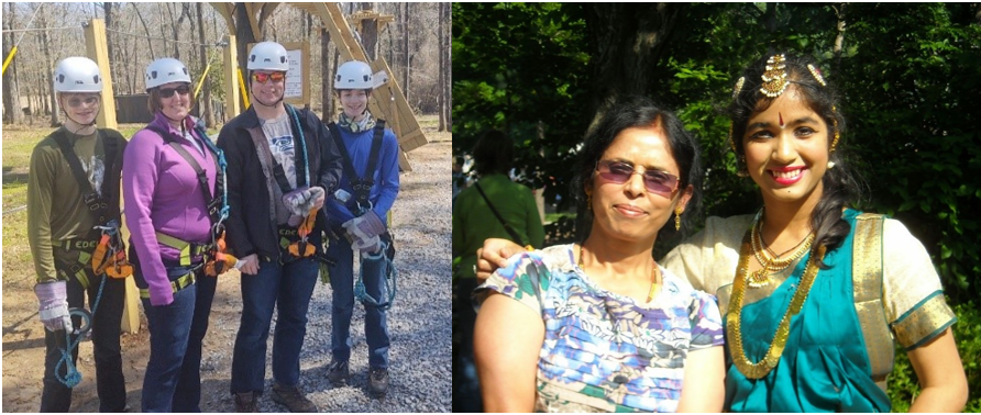 Two images side by side. On the left is an image of Danielle and her family posed in ziplining harnesses and safety gear. On the right is Ankita wearing a dance outfit and posed with her mother, smiling.  