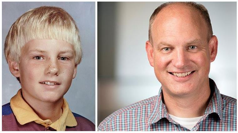 Side-by-side portrait photos of Pete as a child and an adult. 
