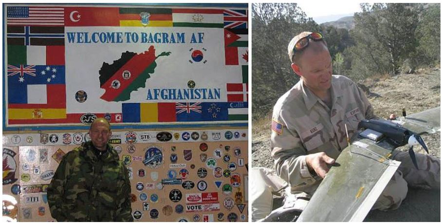 On left, Pete stands in front of a sign that reads "Welcome to Bagram AF". On the left, Pete is shown in military uniform, kneeling to inspect a drone.