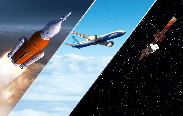 collage of photos featuring a rocket, a plane, and a satelliate