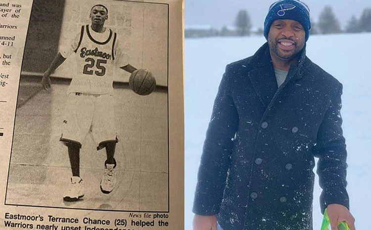A photo of Terrence during his high school basketball years, and a recent photo of Terrence in the snow