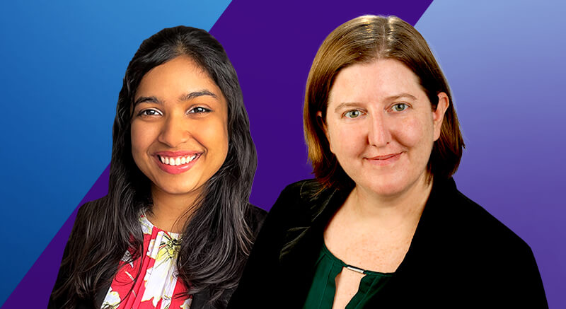 Danielle and Ankita in front of a blue and purple background.
