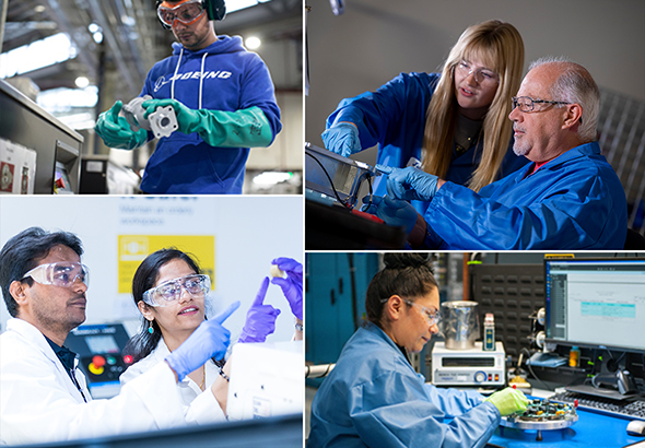Collage of photos featuring a diverse group of Boeing employees at work