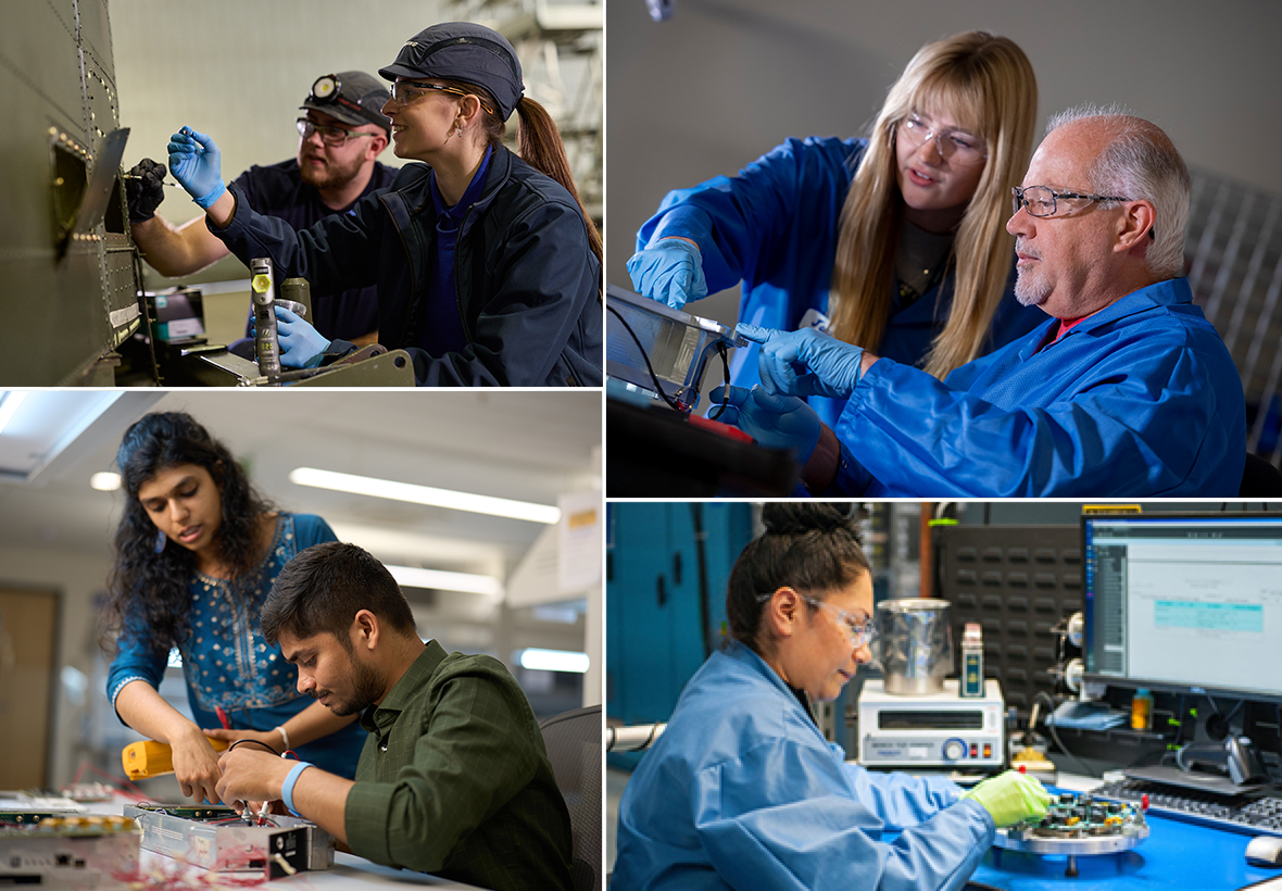 Collage of photos featuring a diverse group of Boeing employees at work