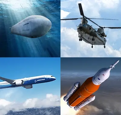 collage of photos featuring a submarine, helicopter, plane, and rocket
