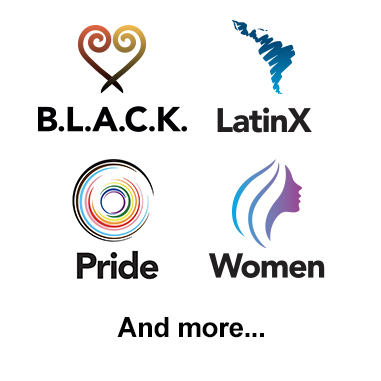 Four Diversity Initiative logos arranged in a square. Top left - B.L.A.C.K, Top Right - LatinX, Bottom Left - Pride, and Bottom Right - Women