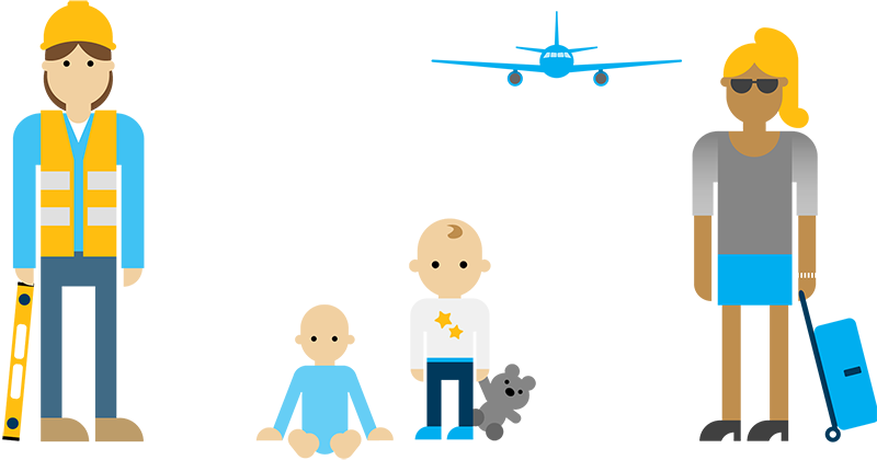 Cartoon illustration of a woman travelling with two infants at the airport. An airport worker on the side