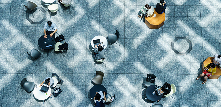 Birdseye view of people sitting outside