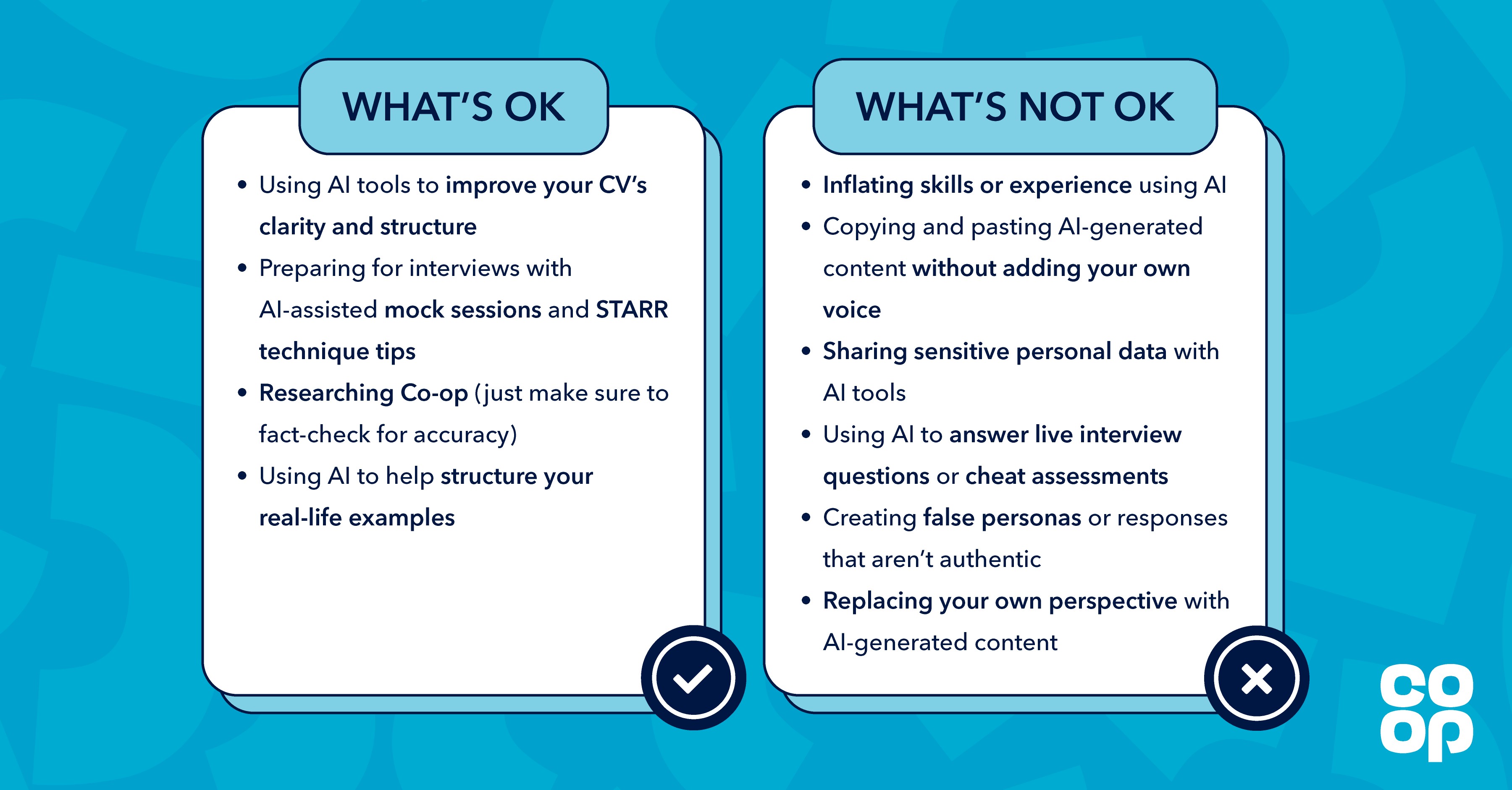 An infographic detailing Co-op's stance on using AI during the recruitment process