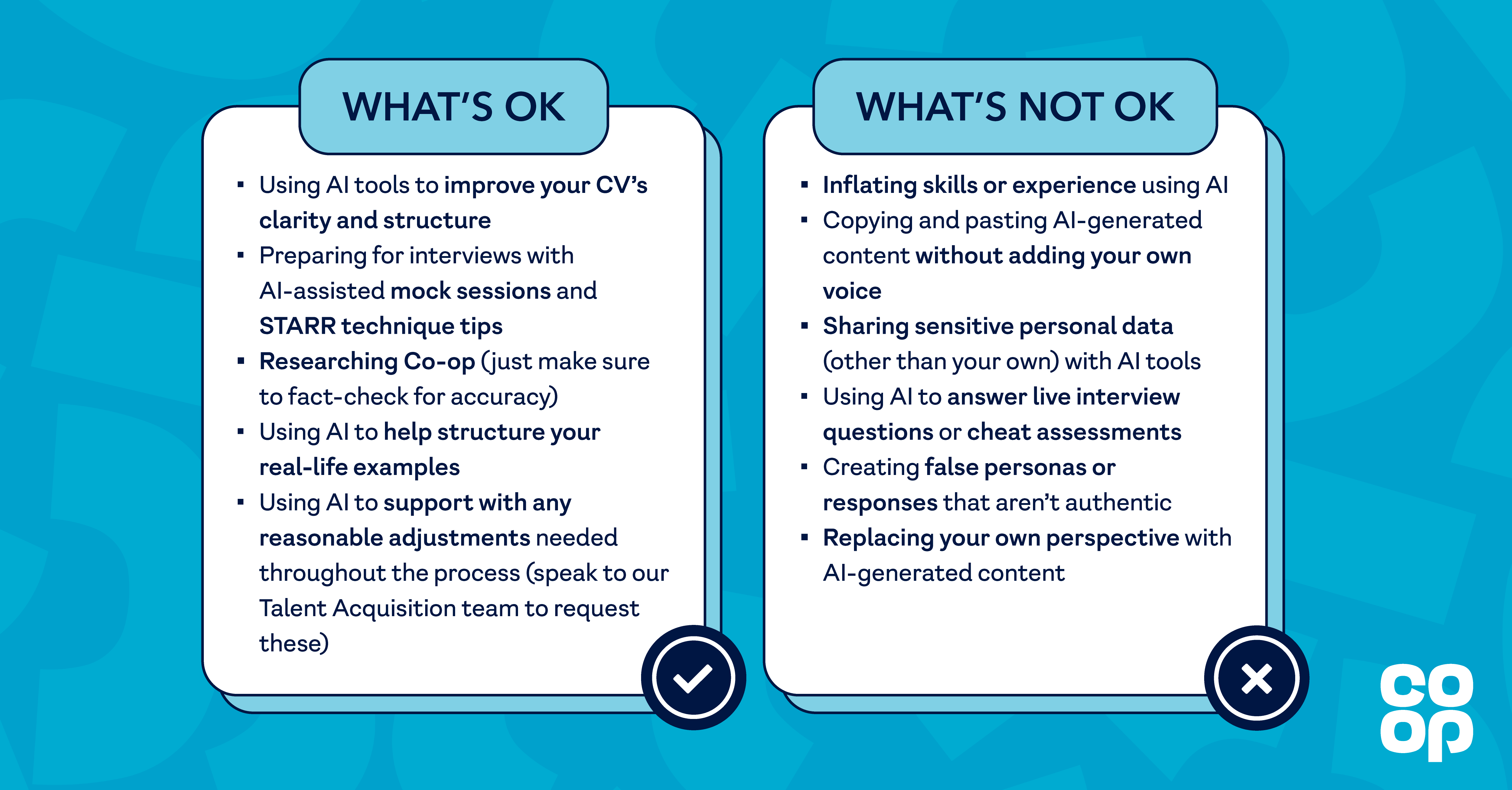 An infographic detailing Co-op's stance on using AI during the recruitment process