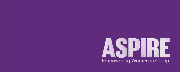 Purple background with Aspire logo on. Subheading: empowering women in Co-op