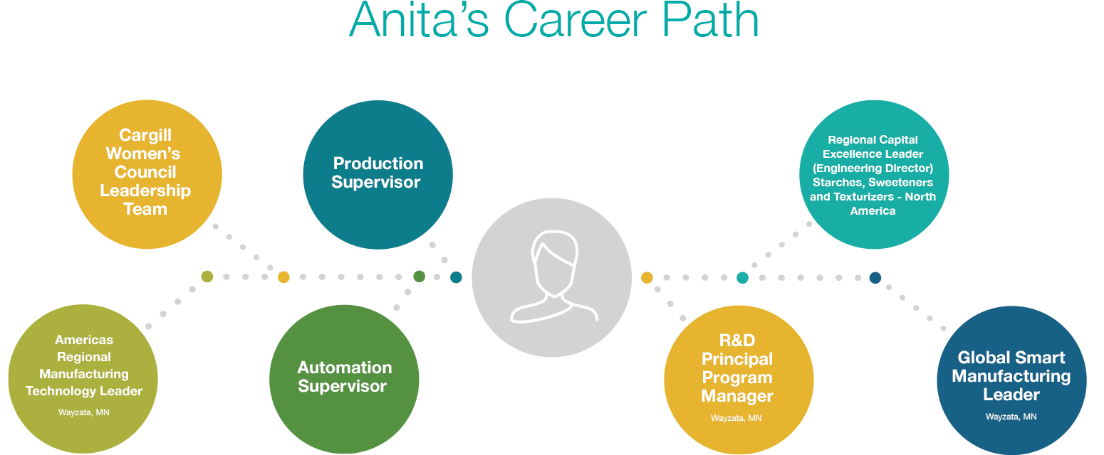 Anita's Career Path is: America's Regional Manufacturing Leader, Cargill's Women's Council leadership team, Automation Supervisor, Production Supervisor, R&D Principal Program Manager, Regional Capital Excellence Leader, Global Smart Manufacturing Leader