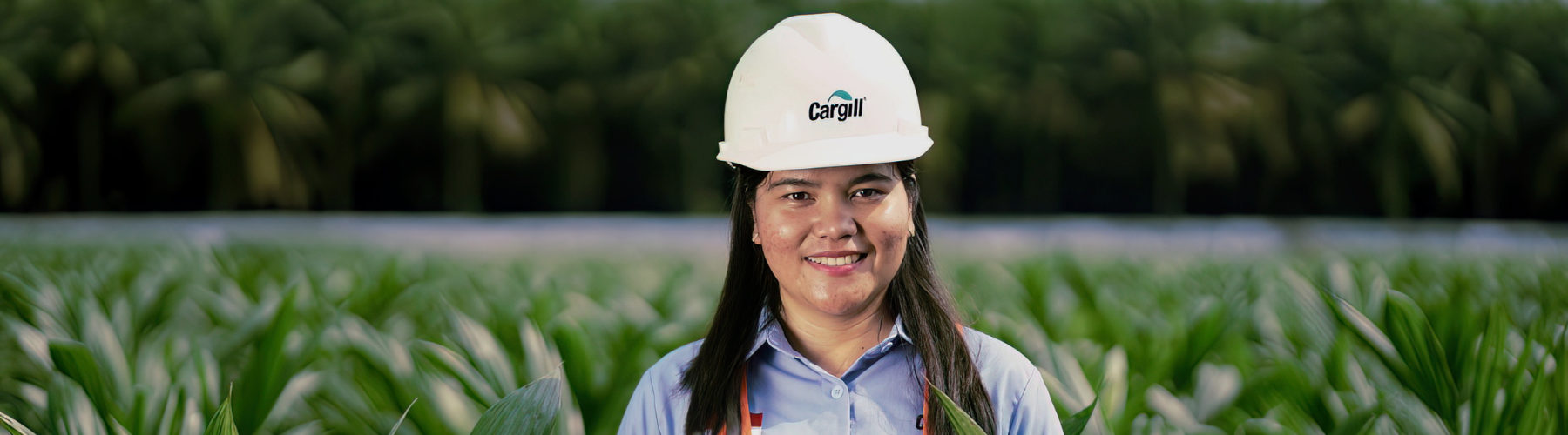 Cargill employee wearing a hard hat and safety vest standing in a green agricultural field.
