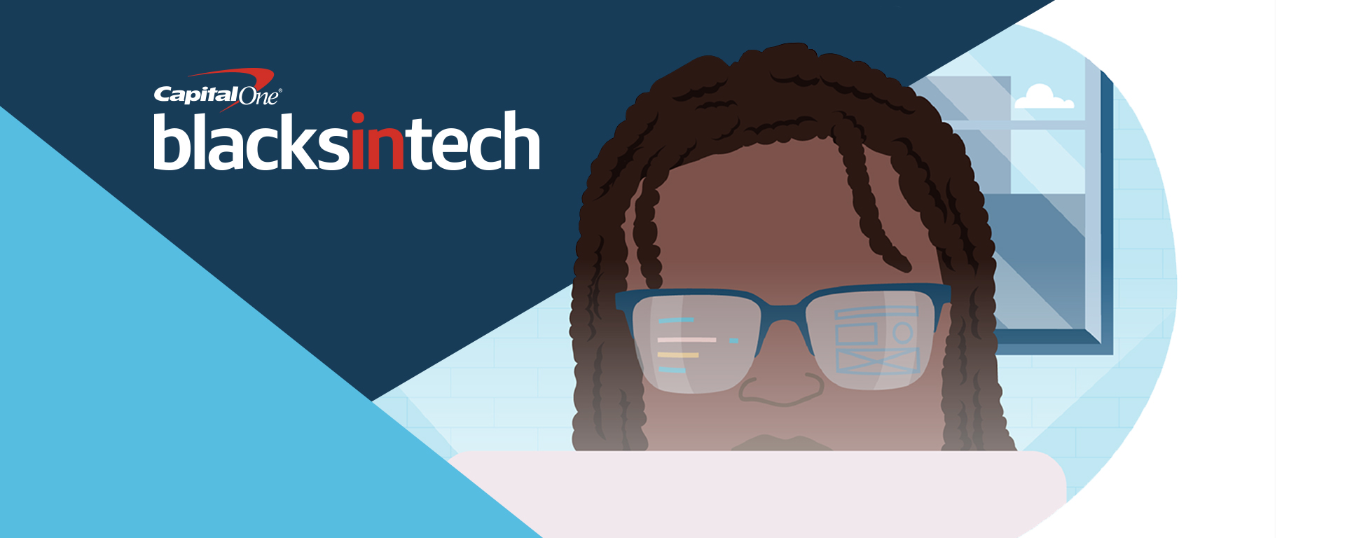 Illustration of Capital One Blacks in Tech associate from the nose up wearing glasses with a triangular blue background