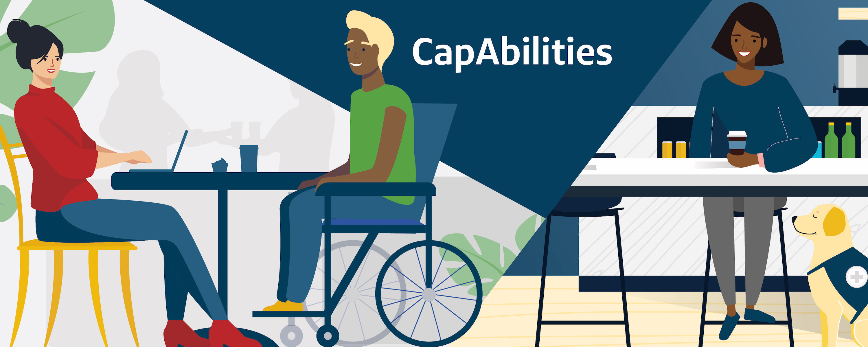 Illustration of 3 Capital One associates as well as a service dog sitting and working, with the title 'CapAbilities'