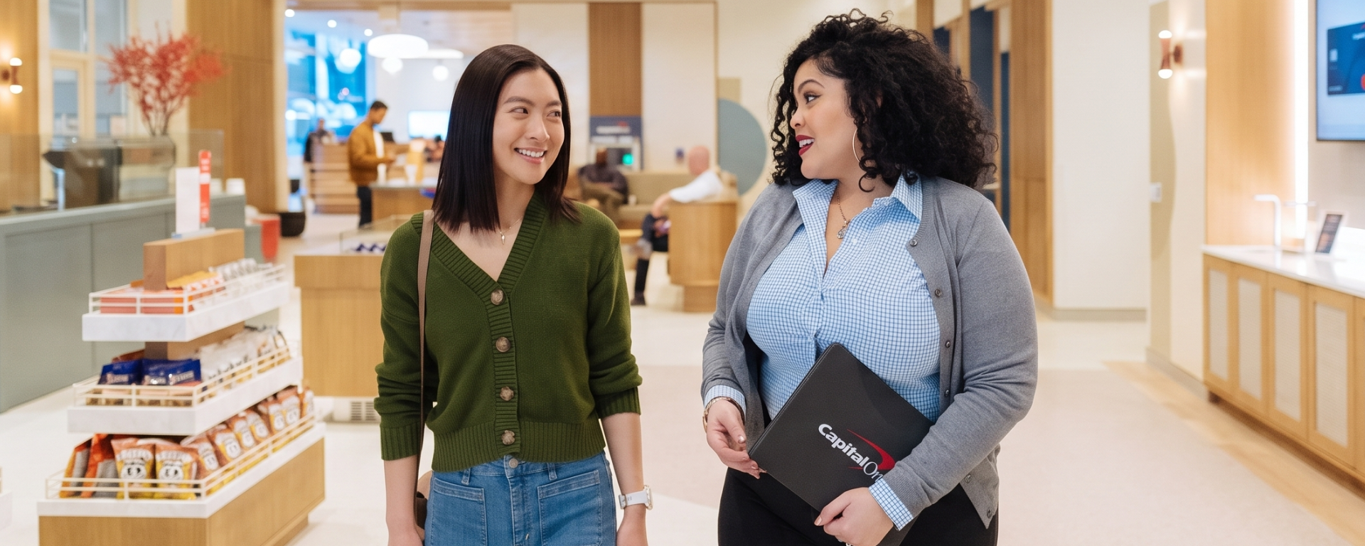 A Capital One Café ambassador walks holding a Capital One tablet and talks with a customer wearing a green cardigan and jeans