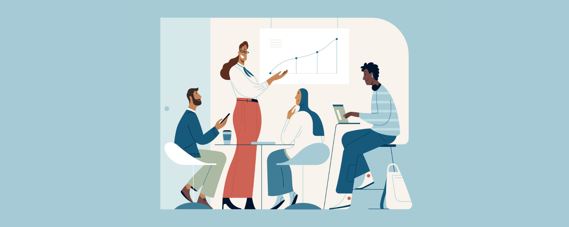 An illustration of four data scientists collaborating in a meeting at Capital One