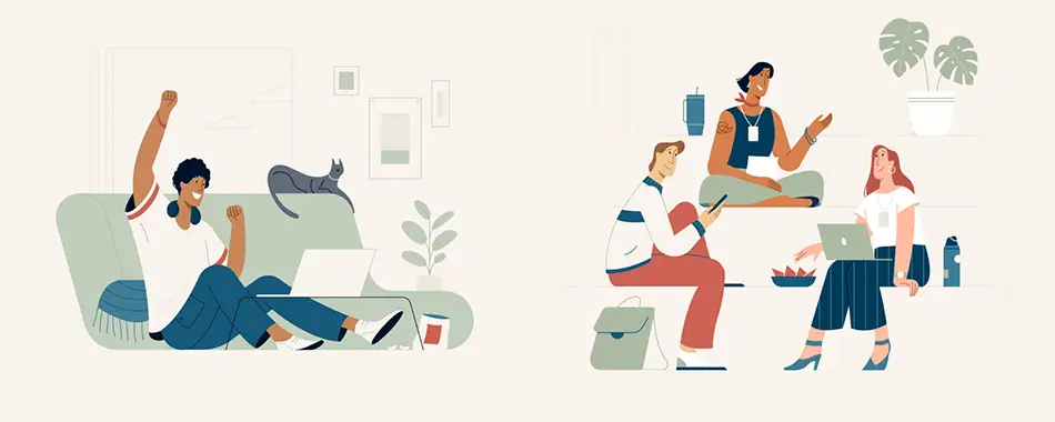A colorful illustration of various Capital One animated associates working in different areas- on a couch with a cat, sitting on steps with colleagues, while eating