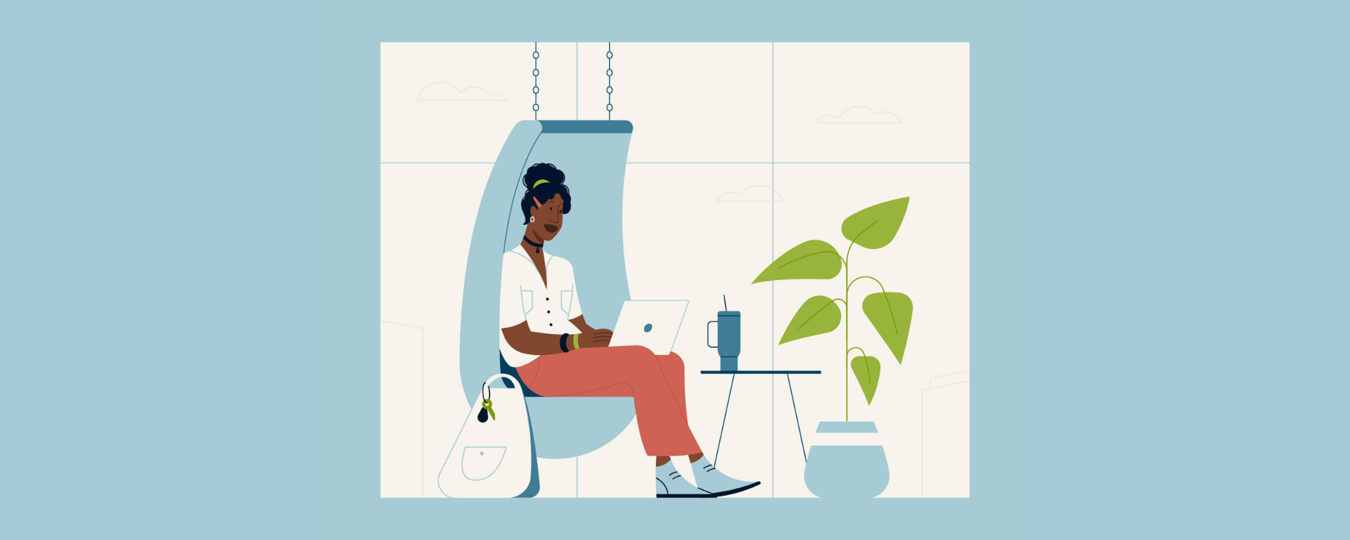 An illustration of a product manager sitting in a plush chair and working on her laptop in her lap