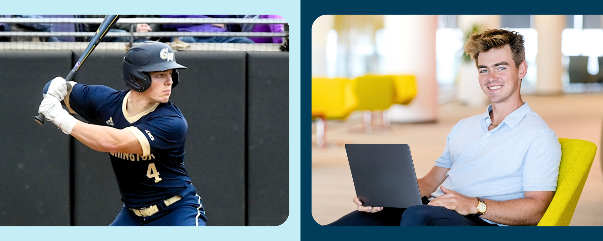 Capital One associate Robby Wacker at a baseball plate with bat raised on the left side of the image, and Robby sitting in a yellow chair with a laptop in lap on the right side of the image