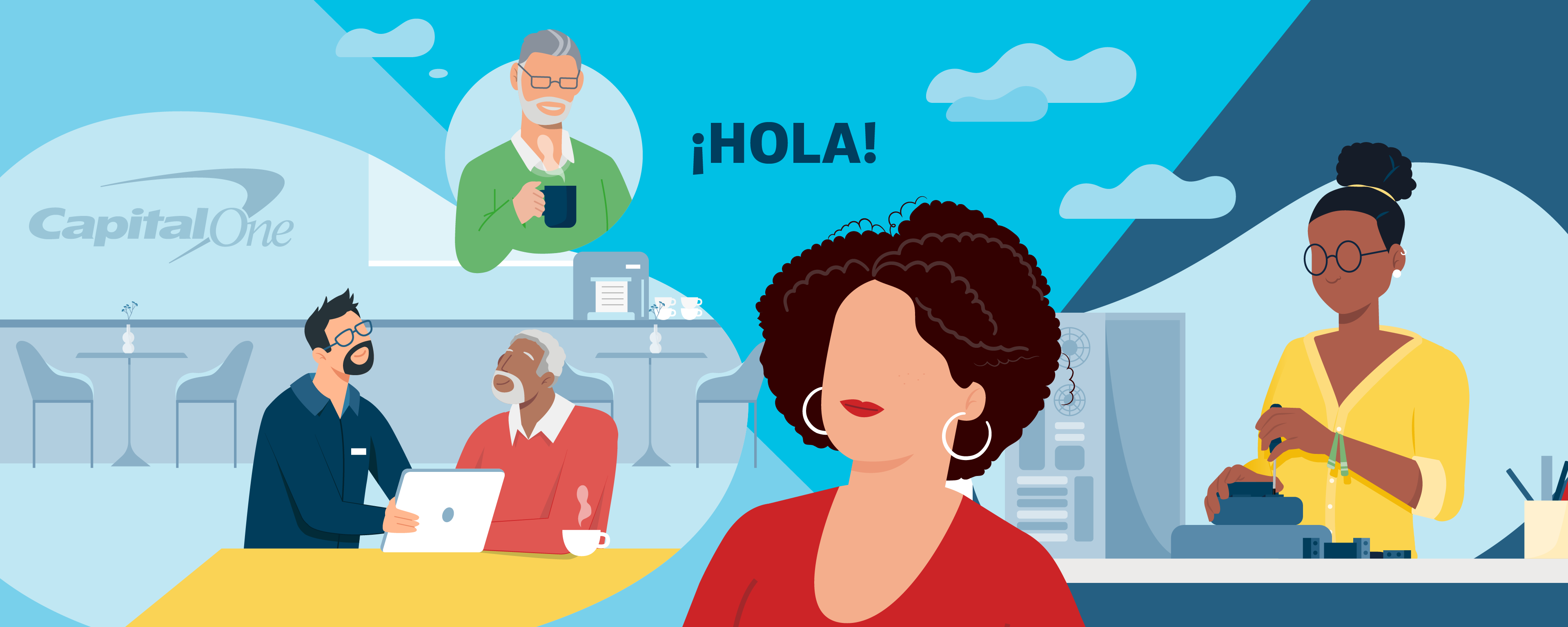 Illustration collage of multiple Capital One associates with the title HOLA!