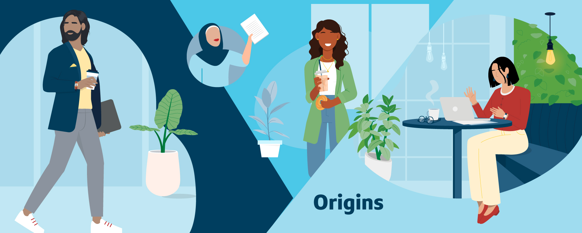An illustrated collage of different Capital One associates with the title "Origins" at the bottom