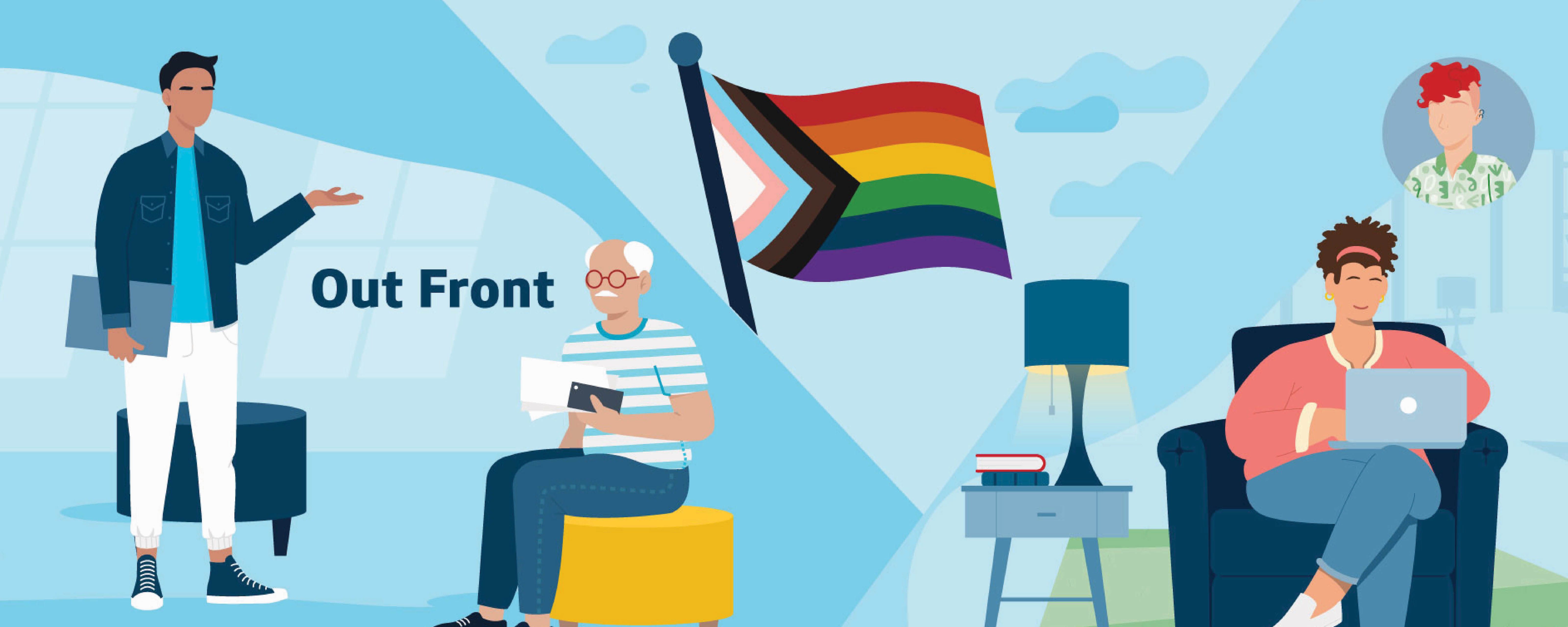 Colorful Pride month design treatment on an image of a Capital One associate showing off their dance moves in heels celebrating Pride month