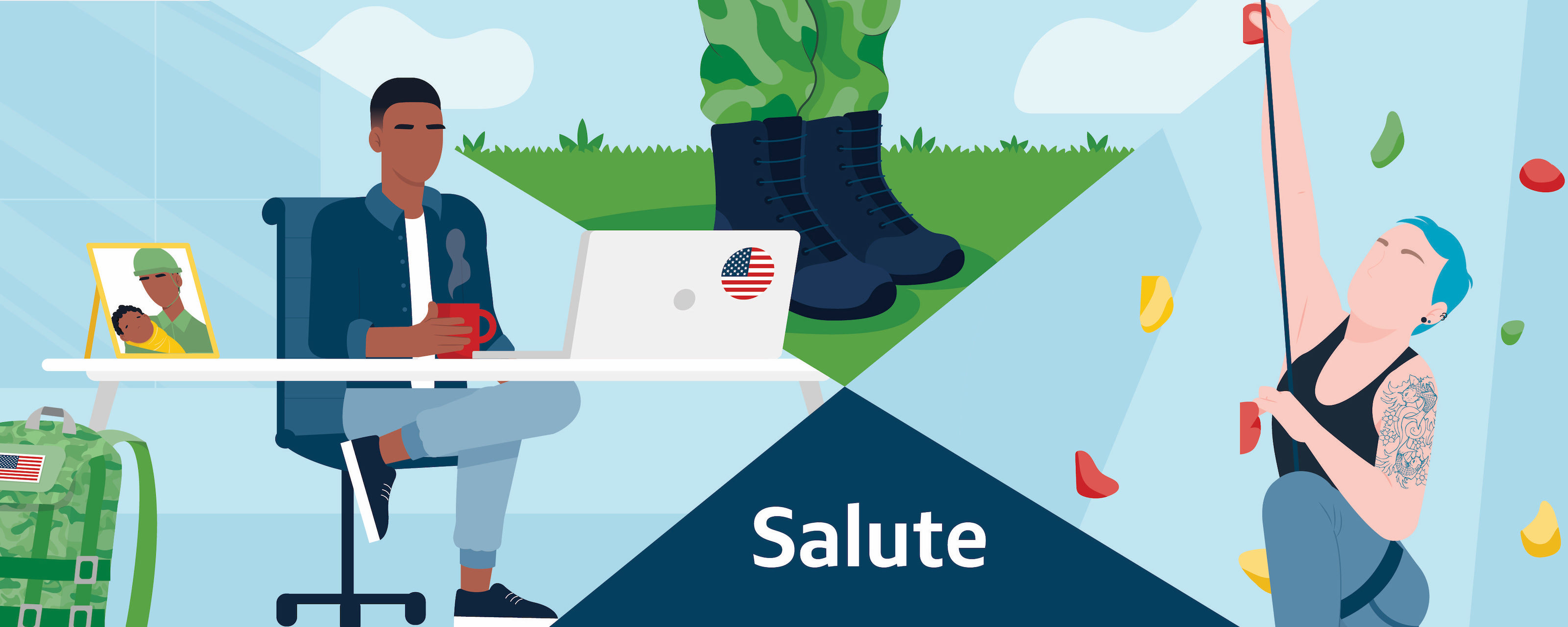 Illustration collage of Capital One BRG Salute associates, one at his computer, one climbing, and a pair of boots