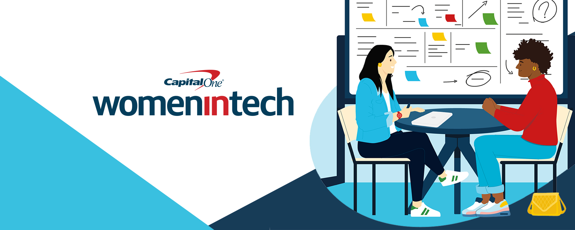 Illustration of two women sitting in front of a white board with the title Capital One Women in Tech