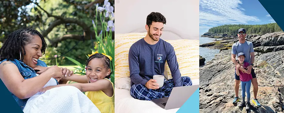 A collage of 3 Capital One associates, Mora with her daughter, Ali on his laptop, and Evan standing with his daughter on rocks