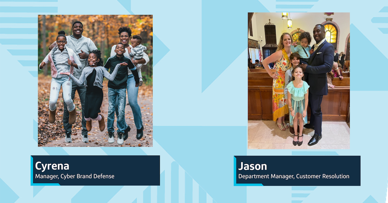Capital One Manager, Cyber Brand Defense, Cyrena stands outside jumping in fall with her family and kids, and Jason, Department Manager, Customer Resolution at Capital One, stands in a church with his family holding his child