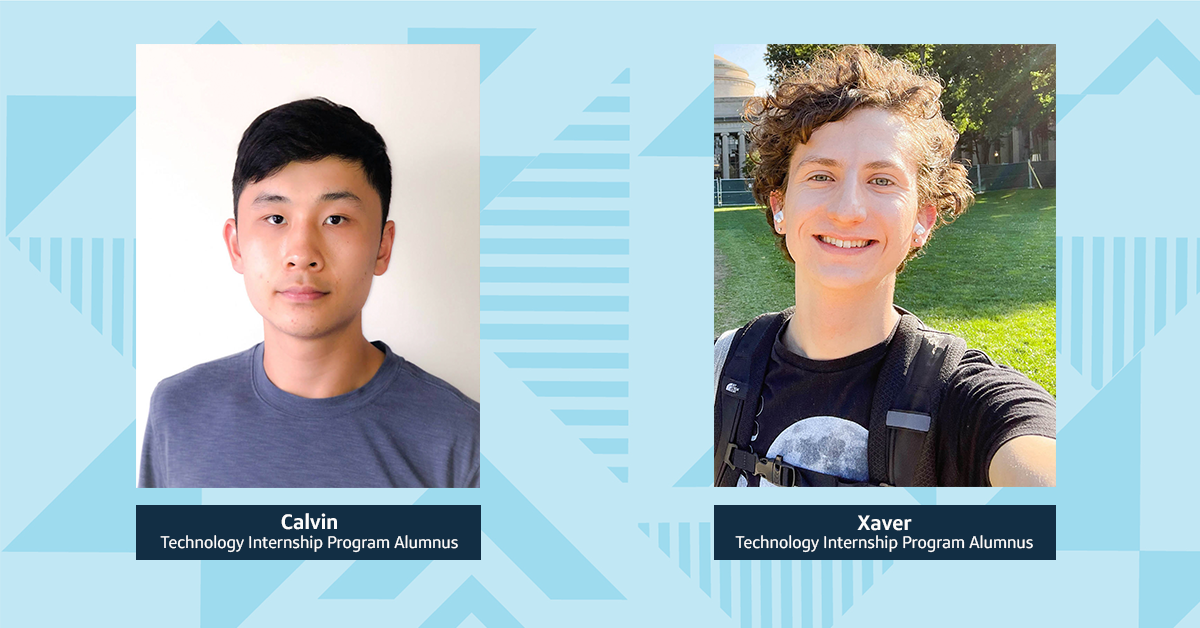 2 images of Capital One interns in front of a two-toned blue triangular background, on the left is Calvin, Technology Internship Program Alumnus, and on the right is an outside selfie of Xaver, Technology Internship Program Alumnus