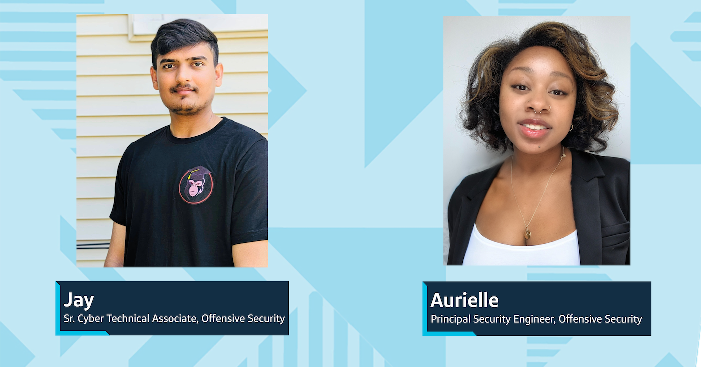 A collage of two images, on the left, Capital One Sr. Cyber Technical Associate, Offensive Security Jay stands in front of a house outside and on the right, Capital One Principal Security Engineer, Offensive Security Aurielle stands in front of a white wall smiling