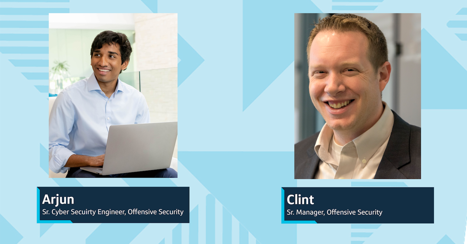 Two separate pictures in a collage, on the left, Capital One associate Arjun, Sr. Cyber Secuirty Engineer, Offensive Security, sits at his laptop, and on the right, a headshot of Clint, Capital One Sr. Manager, Offensive Security in a suit jacket