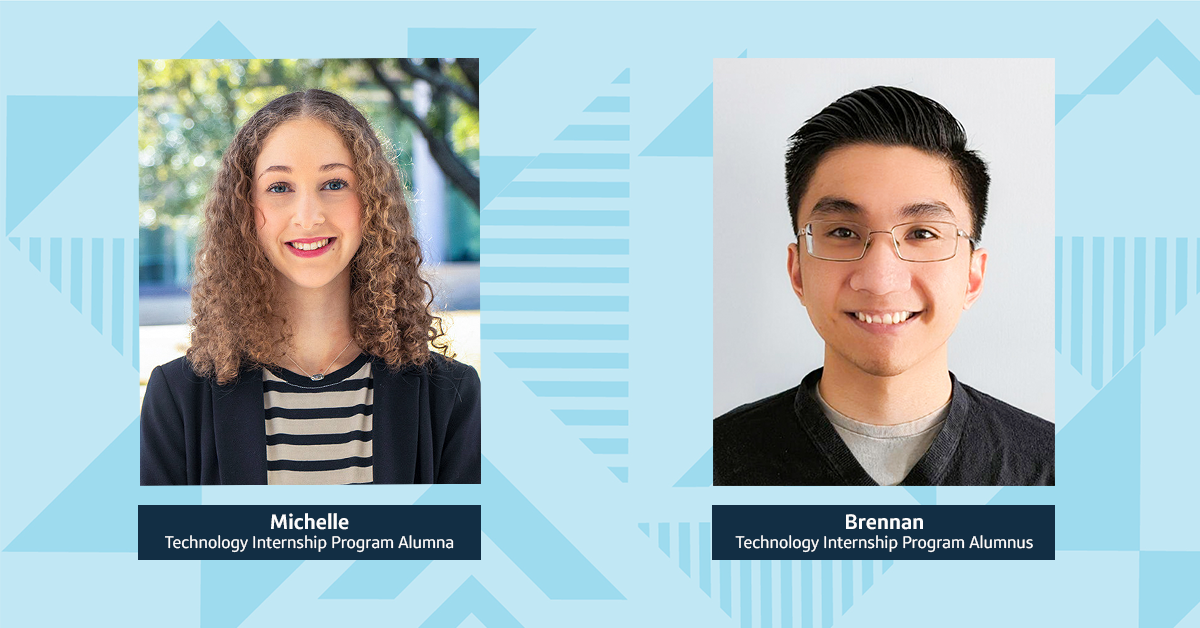 2 images of Capital One interns in front of a two-toned blue triangular background. On the left is Michelle, Technology Internship Program Alumna, and on the right is Brennan, Technology Internship Program Alumnus