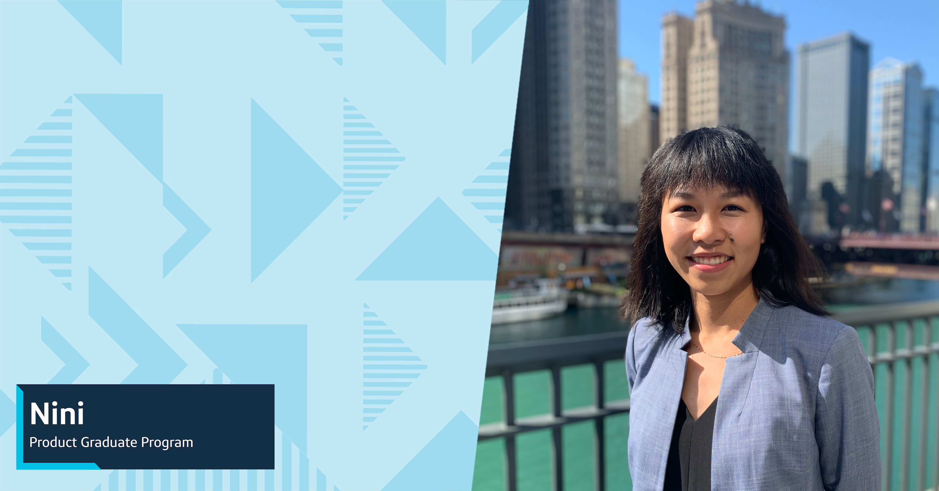 Nini, Capital One Product Graduate Program associate, stands outside on a bridge in front of high rise buildings