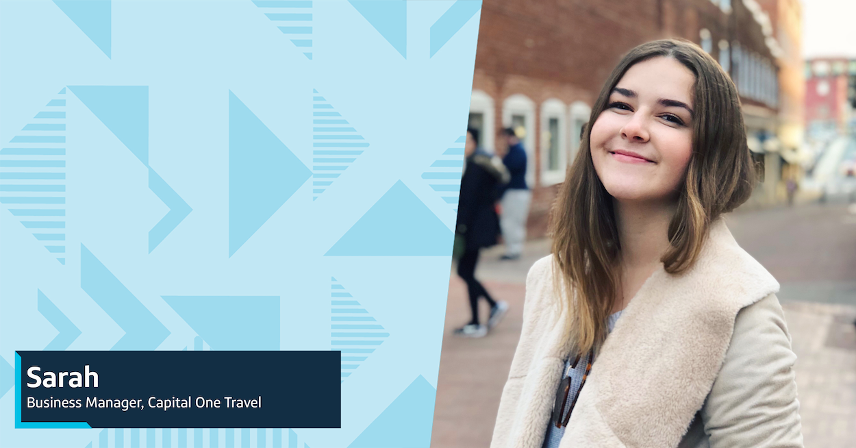 Sarah, a Capital One associate, smiles on a city street